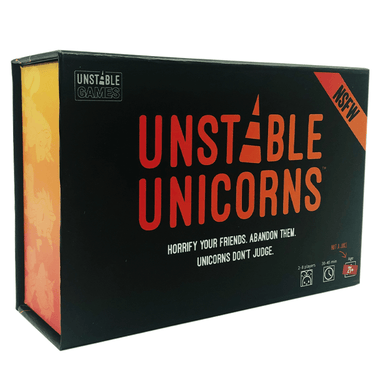 Unstable Unicorns NSFW base game box for party games by Unstable Games, featuring colorful unicorn and fantasy artwork.