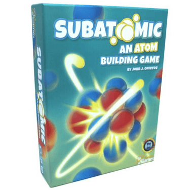 Family game box of Subatomic: An Atom Building Game by Genius Games, featuring colorful atom models and scientific illustrations.