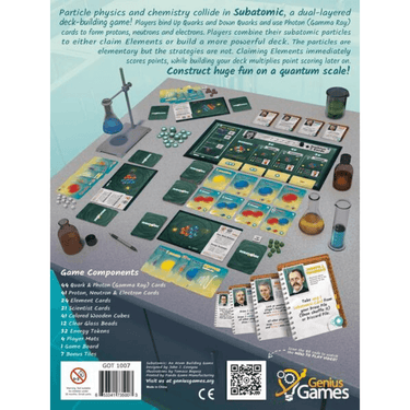 Family board game "Subatomic: An Atom Building Game" by Genius Games, featuring colorful atom pieces and educational design.