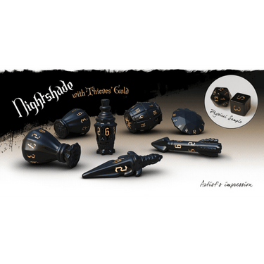 PolyHero Rogue 7-dice set featuring polyhedral dice in various colors and sizes for tabletop role-playing games.