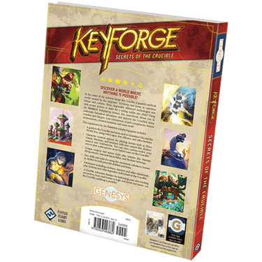 Genesys RPG: Keyforge Secrets of the Crucible game box by Fantasy Flight Games with artwork and game components visible.