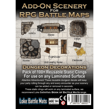 Add-on scenery for RPG battle mats featuring dungeon decorations by Loke Battle Mats, including detailed dungeon terrain and accessories.