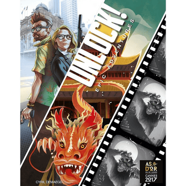 Family game Unlock! Epic Adventures by Space Cowboys featuring a colorful card deck and game components for immersive escape room fun.