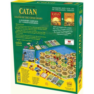Catan: Legend of Conquerors family game box with colorful artwork, featuring Catan Studios branding for strategic multiplayer play.