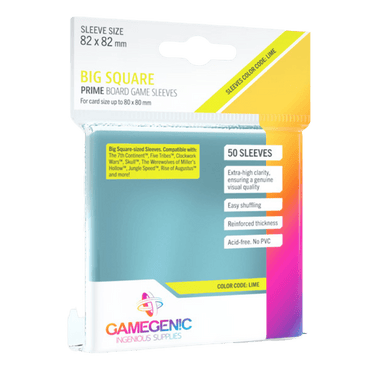 Gamegenic Prime Board Game Sleeves: Big Square, clear protective card sleeves for enhancing durability of large square cards.