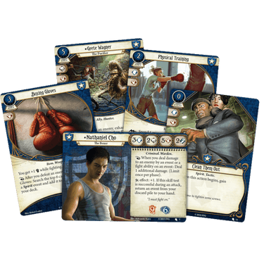 Nathaniel Cho investigator starter deck for Arkham Horror: The Card Game by Fantasy Flight Games, featuring character cards and game components.