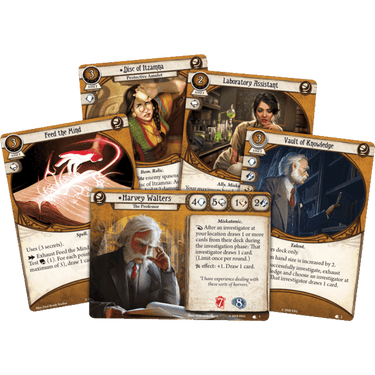 Harvey Walters investigator starter deck for Arkham Horror: The Card Game by Fantasy Flight Games, featuring game cards and tokens.