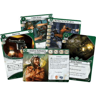 Winifred Habbamock investigator starter deck for Arkham Horror: The Card Game by Fantasy Flight Games, featuring character artwork and cards.