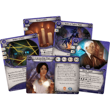 Jacqueline Fine Investigator Starter Deck for Arkham Horror: The Card Game by Fantasy Flight Games, featuring character cards and game components.