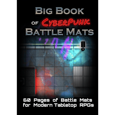 A4 size Big Book of CyberPunk Battle Mats by Loke Battle Mats, featuring futuristic cityscape and urban terrain for RPG gaming.