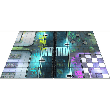 A4 size Big Book of CyberPunk Battle Mats by Loke Battle Mats, featuring detailed futuristic cityscape RPG terrain on a printed sheet.