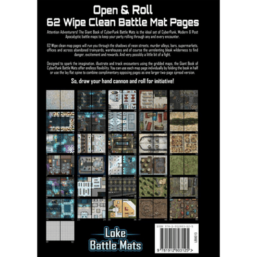 A detailed view of the Giant Book of CyberPunk Battle Mats by Loke Battle Mats, featuring futuristic cityscape designs on A3-sized sheets.