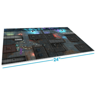A3 cyberpunk-themed battle map from Loke Battle Mats featuring futuristic cityscape for tabletop RPG gaming.