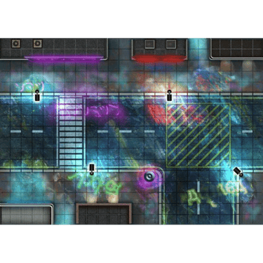 A 12x16 inch CyberPunk-themed RPG battle mat from Loke Battle Mats, featuring futuristic cityscape designs on an A3-sized paper.