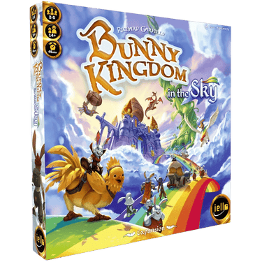 Bunny Kingdom: In The Sky expansion box for family game by IELLO featuring colorful sky-themed artwork and bunny characters