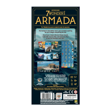Repos Production 7 Wonders Armada second edition family game box with colorful illustration of ships and ancient wonders.