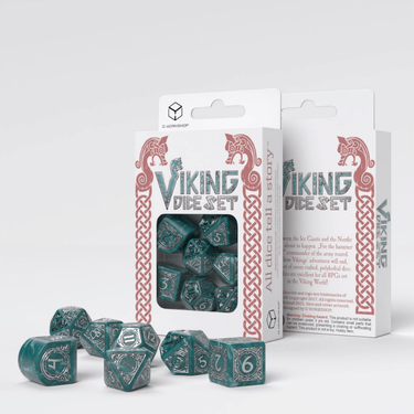 Q Workshop Viking RPG Dice Set Mjolnir with metallic finish, featuring Norse-inspired symbols and multi-sided dice for tabletop gaming