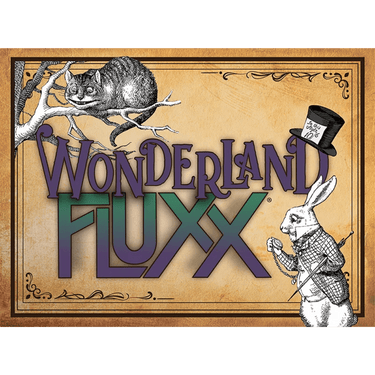 Wonderland Fluxx family card game by Looney Labs featuring colorful game cards and whimsical illustrations.