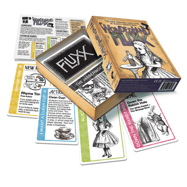 Looney Labs Wonderland Fluxx family game box with colorful cards and playful artwork on the front.