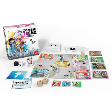 Children's game box for Zombie Teenz Evolution by Le Scorpion Masqué, featuring colorful zombie-themed artwork and game components.