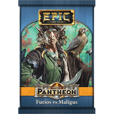 Epic Card Game: Pantheon featuring Furios vs Maligus by Wise Wizard Games, showing two mythological character cards from the strategy game.