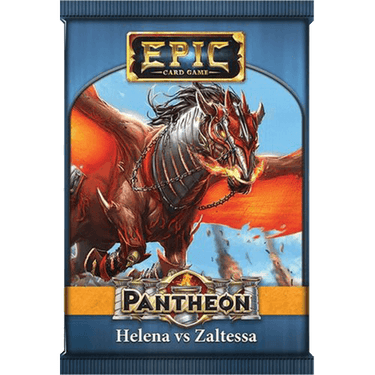 Epic Card Game: Pantheon by Wise Wizard Games featuring Helena and Zaltessa cards in a strategy game setup.