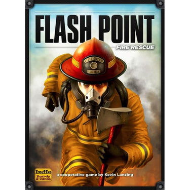 Family game box for Flash Point: Fire Rescue by Indie Boards & Cards, featuring colorful fire rescue scene artwork.