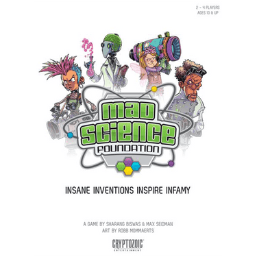 Mad Science Foundation strategy game box by Cryptozoic Entertainment with colorful science-themed artwork.
