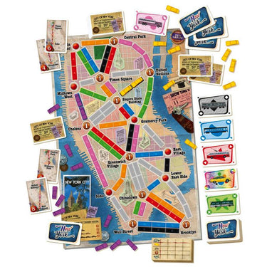 Ticket To Ride: New York family game by Days of Wonder featuring colorful game board and train pieces for fun city adventures.